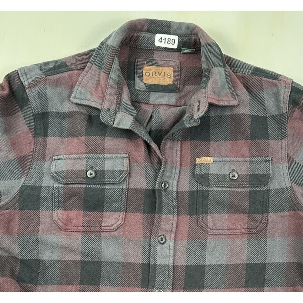 Orvis Flannel Plaid Shirt Men's Medium Thick Shacket Black Gray Red Side Pockets